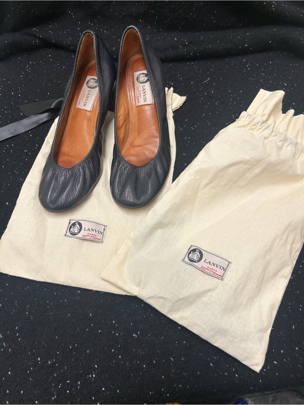 Lanvin Dark Navy Blue Leather Round-Toe Ballet Flats